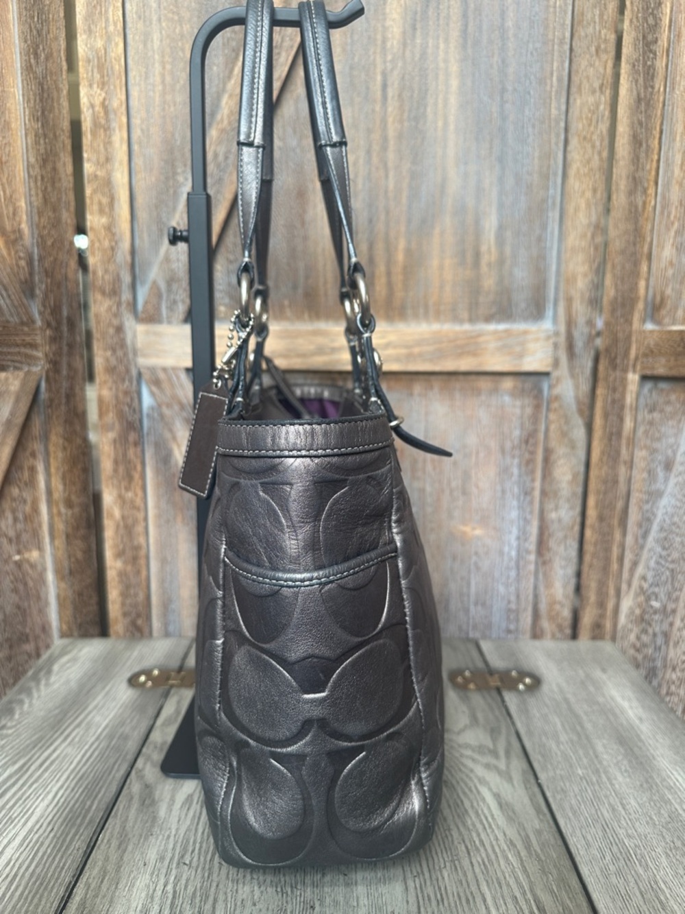Coach F1049-F15242 Metallic Gray Gunmetal Embossed Leather Satchel Tote Bag - Picture 4 of 16